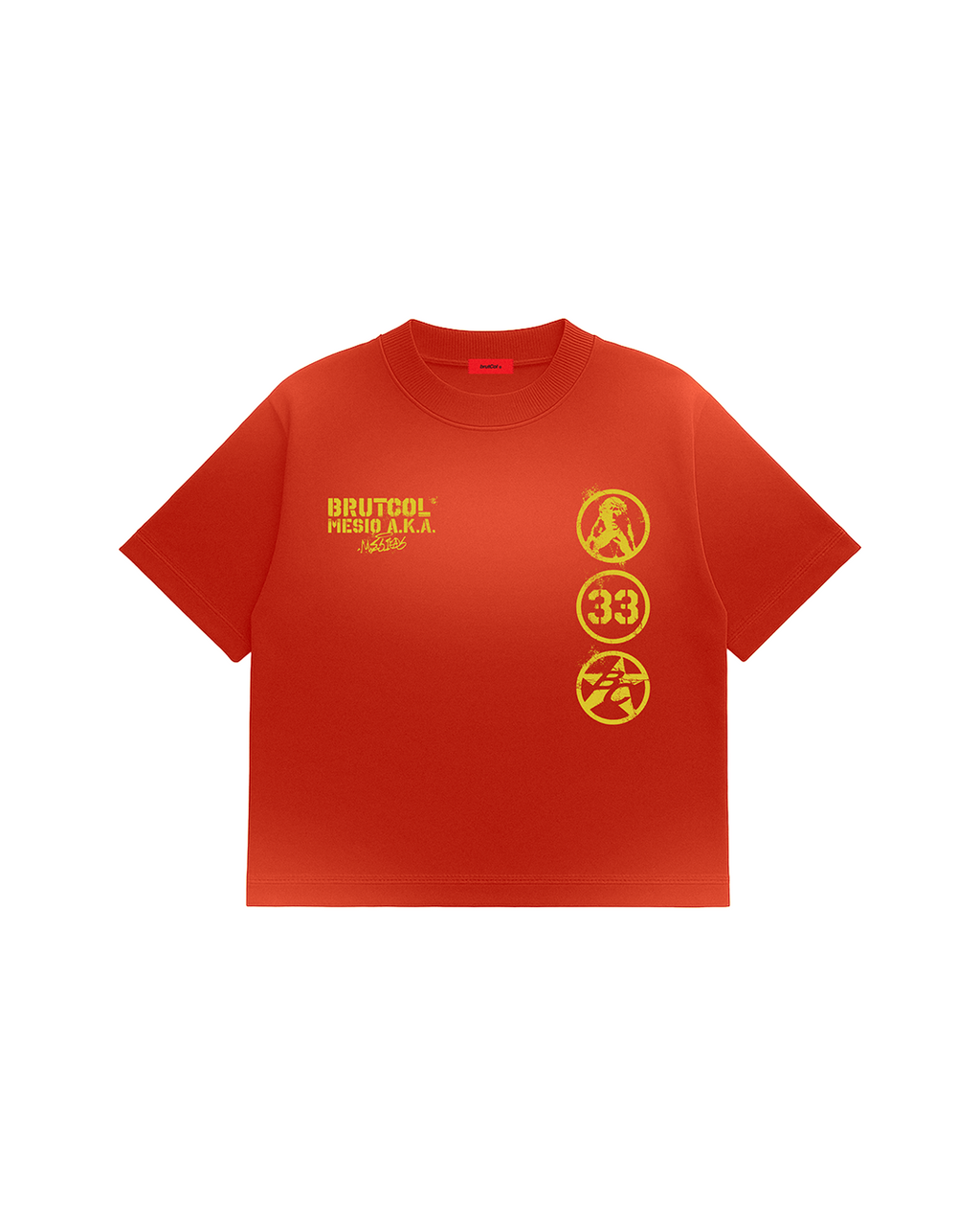 Camiseta Oversize Cropped Brutcol® x Mesio A.K.A Mesías – Rojo Desgastado
